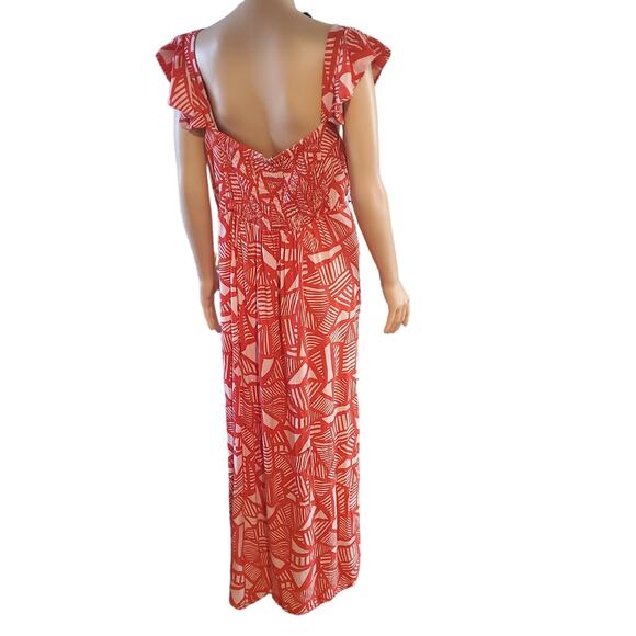 Eloquii Plus Size 24 Red & Pink Geo Print Flutter Sleeve Maxi Dress NO BELT - Picture 5 of 11